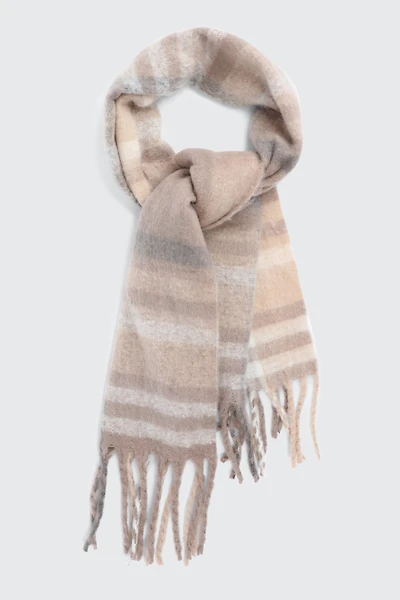 Ardene Rectangular Plaid Scarf with Fringes in Beige | Polyester
