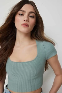 Ardene Shape Knit Ultra Crop Square Neck T-Shirt in Light Green | Size Large | Nylon/Elastane
