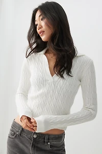 Ardene Short Cable Knit Johnny Collar Sweater in White | Size | Polyester/Nylon