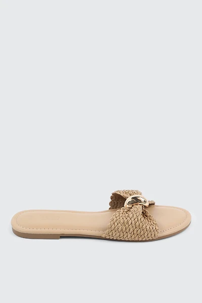 Ardene Flat Sandals with Gold Ornament in Beige | Size | Faux Suede