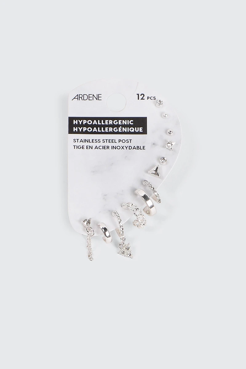 Ardene 12-Pack of Silver Tone Mix Earrings | Stainless Steel