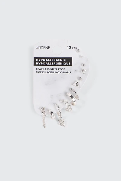 Ardene 12-Pack of Silver Tone Mix Earrings | Stainless Steel