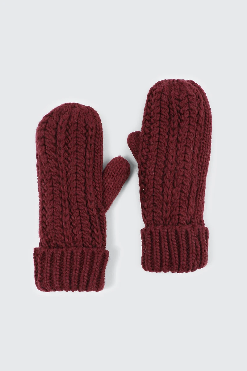 Ardene Fleece Lined Knit Mittens in Burgundy | 100% Acrylic