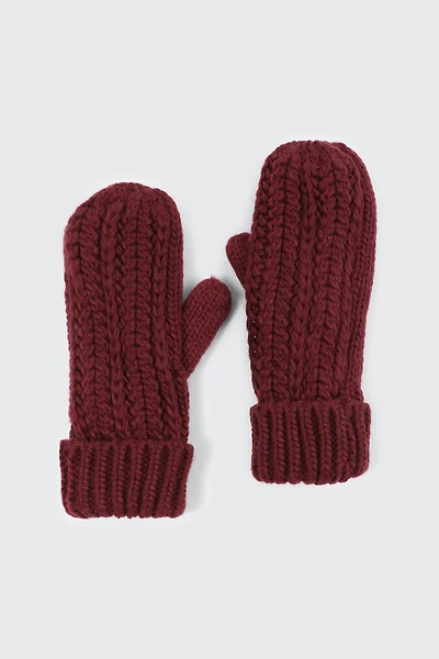 Ardene Fleece Lined Knit Mittens in Burgundy | 100% Acrylic