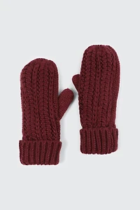 Ardene Fleece Lined Knit Mittens in Burgundy | 100% Acrylic