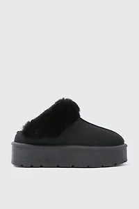 Ardene Faux Sheepskin Clogs with Faux Fur Trim in Black | Size | Faux Suede | Eco-Conscious