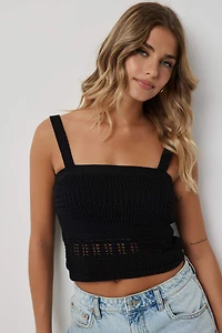 Ardene Pointelle Crop Tank Top in Black | Size XS | 100% Cotton/Elastane