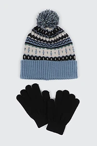 Ardene Kids Fair Isle Beanie and Gloves Set in Light Blue | Nylon/Spandex