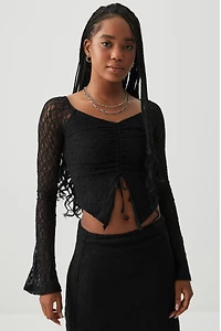 Ardene Ruched Front Off Shoulder Lace Top in Black | Size | Polyester/Elastane/Polyamide
