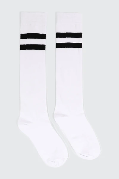 Ardene 2-Pack Striped Knee High Socks in White | Polyester/Spandex
