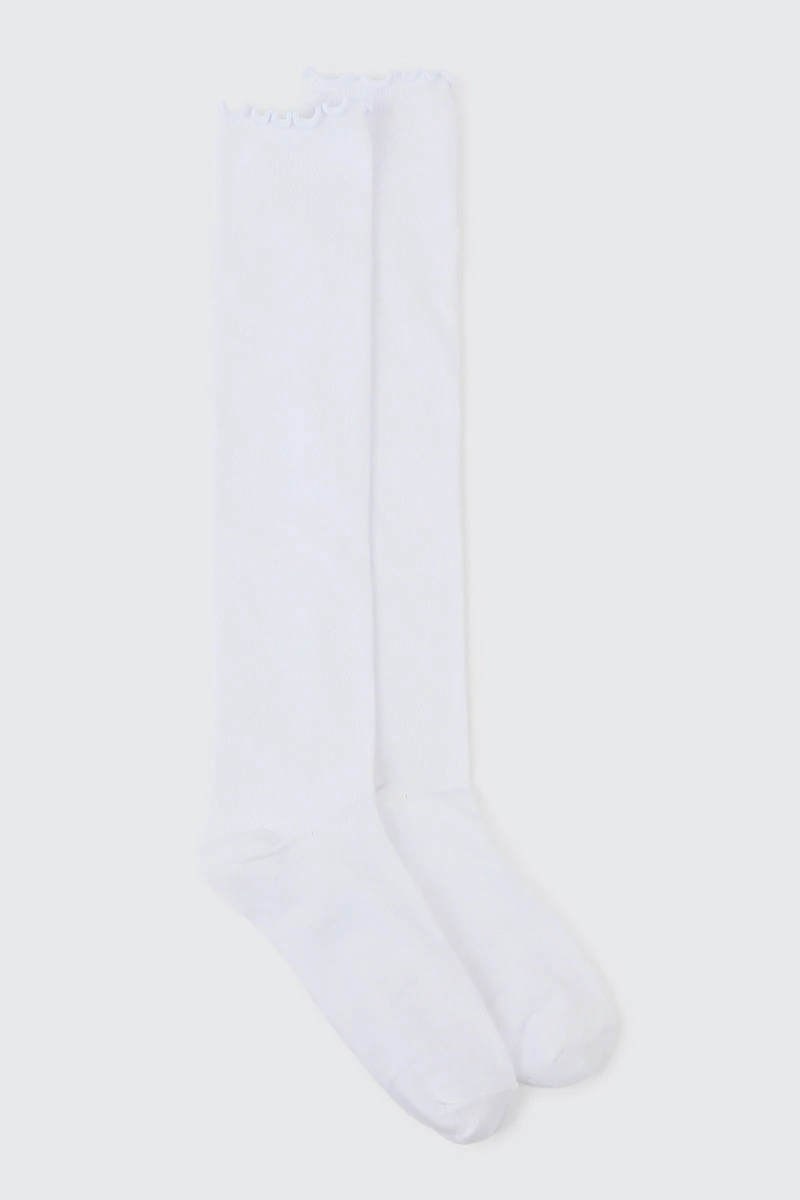 Ardene Ruffle Edge Knee High Socks in White | Polyester/Spandex