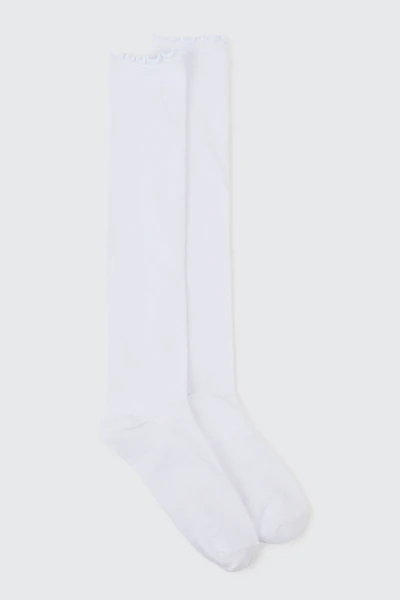 Ardene Ruffle Edge Knee High Socks in White | Polyester/Spandex