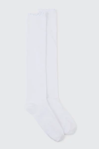 Ardene Ruffle Edge Knee High Socks in White | Polyester/Spandex