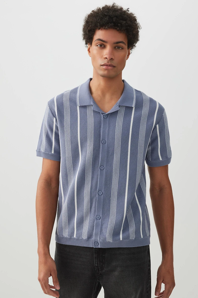 Ardene Johnny Collar Short Sleeve Sweater in Medium Blue | Size Small | 100% Cotton