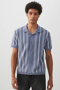 Ardene Johnny Collar Short Sleeve Sweater in Medium Blue | Size Small | 100% Cotton