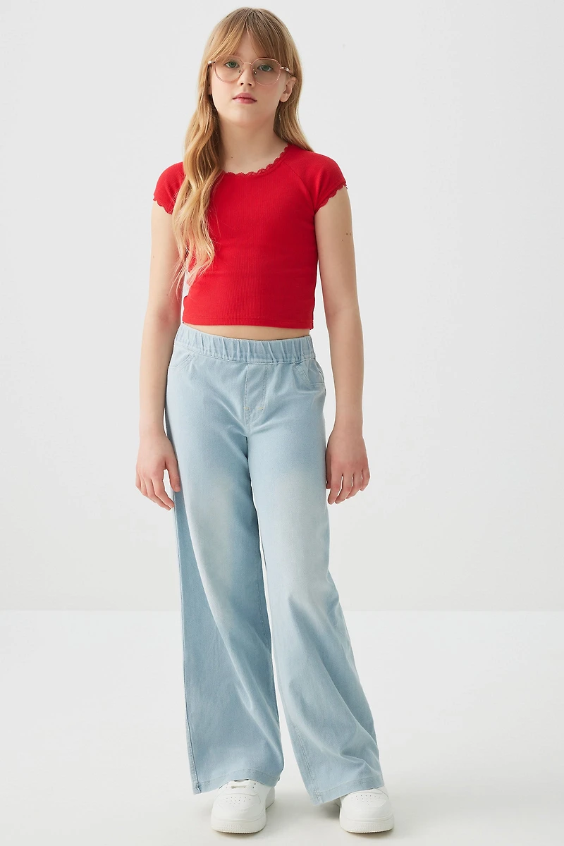 Ardene Kids Pull On Wide Leg Jeans in Light Blue | Size Large | Polyester/Spandex/Cotton