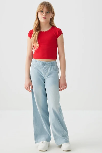 Ardene Kids Pull On Wide Leg Jeans in Light Blue | Size Large | Polyester/Spandex/Cotton