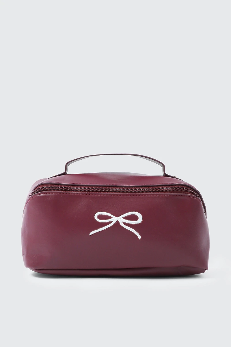 Ardene Makeup Bag with Bow Embroidery in Burgundy | Faux Leather
