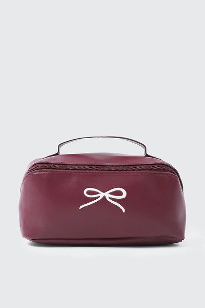Ardene Makeup Bag with Bow Embroidery in Burgundy | Faux Leather
