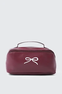 Ardene Makeup Bag with Bow Embroidery in Burgundy | Faux Leather