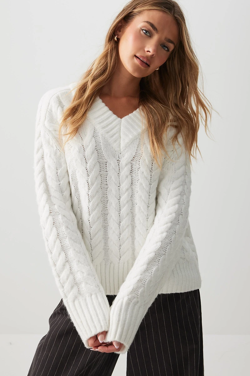 Ardene Cable Knit V-Neck Sweater in Off-White | Size Small | Polyester | Eco-Conscious