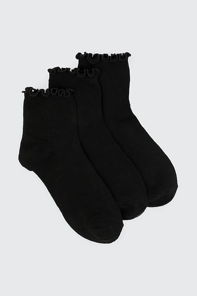 Ardene 3-Pack Lettuce Edge Demi Crew Socks in Black | Polyester/Spandex
