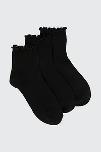 Ardene 3-Pack Lettuce Edge Demi Crew Socks in Black | Polyester/Spandex