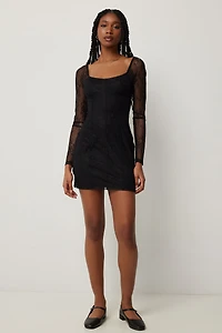Ardene Long Sleeve Lace Mini Dress in Black | Size | Polyester/Elastane