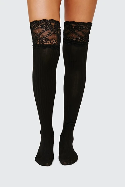 Ardene Over-the-Knee Socks with Lace Trim in Black | Polyester/Nylon/Spandex