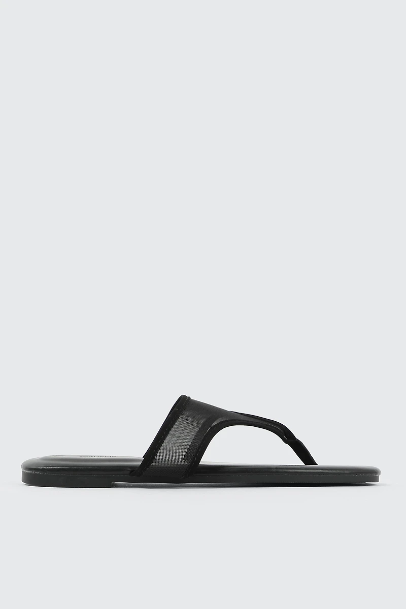 Ardene Square Toe Mesh Flat Sandals in Black | Size