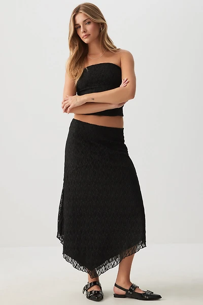 Ardene Asymmetrical Midi Lace Skirt in Black | Size | Polyester/Nylon/Elastane