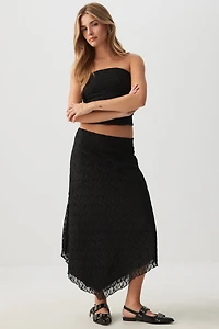 Ardene Asymmetrical Midi Lace Skirt in | Size | Polyester/Nylon/Elastane