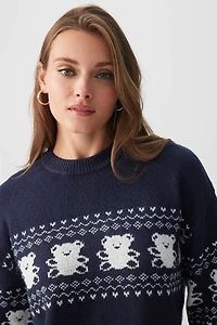 Ardene Fair Isle Teddy Bear Sweater in Dark Blue | Size | Polyester/Elastane