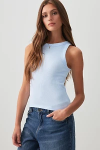 Ardene Basic Rib High Neck Tank Top in Light Blue | Size | Cotton/Elastane
