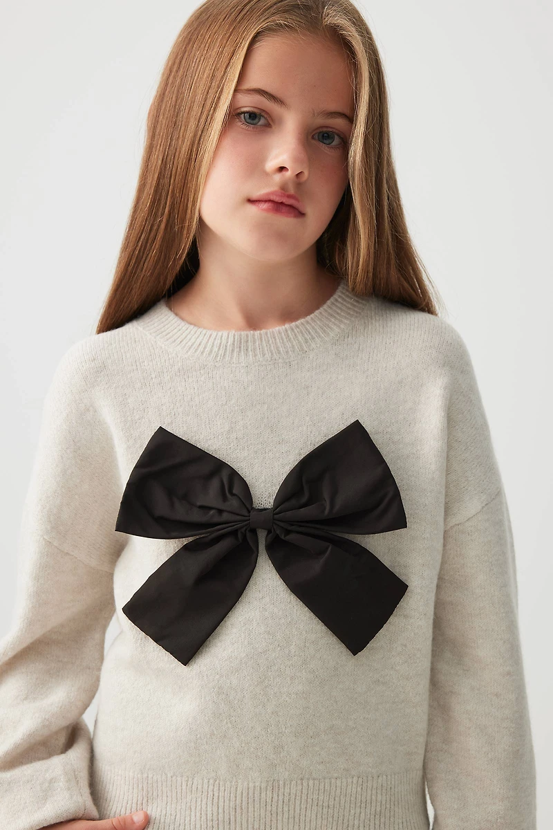 Ardene Kids Bow Print Sweater in Beige | Size | Polyester/Nylon/Elastane