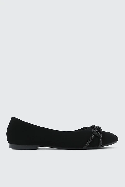 Ardene Faux Suede Ballet Flats with Braided Detail in Black | Size