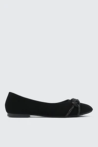 Ardene Faux Suede Ballet Flats with Braided Detail in Black | Size