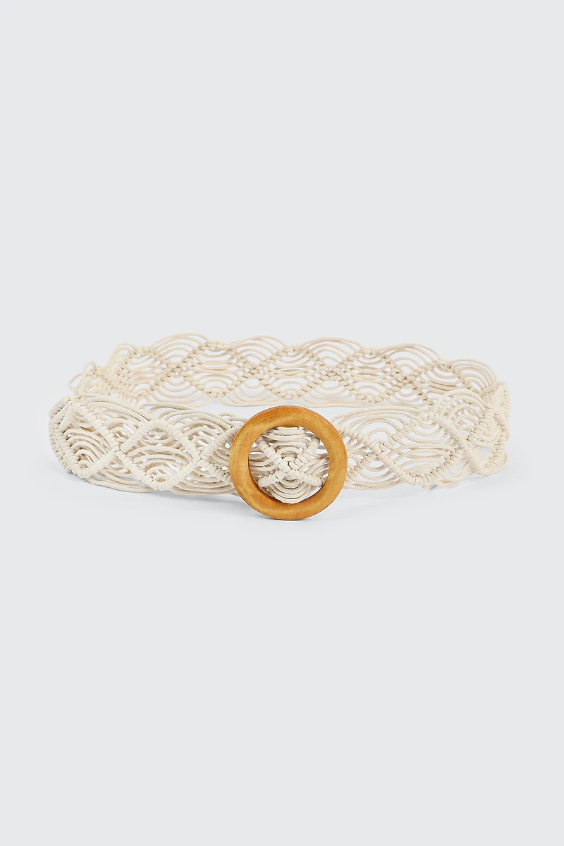 Ardene Braided Belt with Wooden Buckle in White | Size Small | Polyester