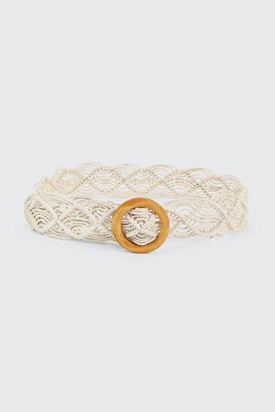 Ardene Braided Belt with Wooden Buckle in White | Size Small | Polyester