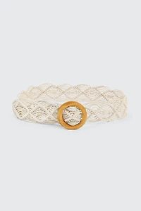 Ardene Braided Belt with Wooden Buckle in White | Size Small | Polyester