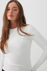 Ardene Rib Long Sleeve T-Shirt in White | Size | Cotton/Elastane/Viscose