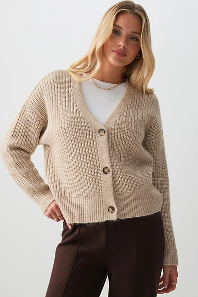 Ardene V-Neck Rib Cardigan in Beige | Size | Polyester/Nylon | Eco-Conscious