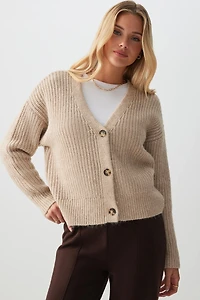 Ardene V-Neck Rib Cardigan in Beige | Size | Polyester/Nylon | Eco-Conscious