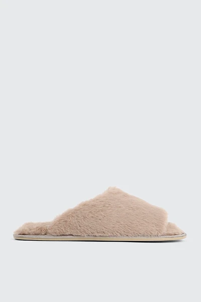Ardene Faux Fur Slippers in Beige | Size