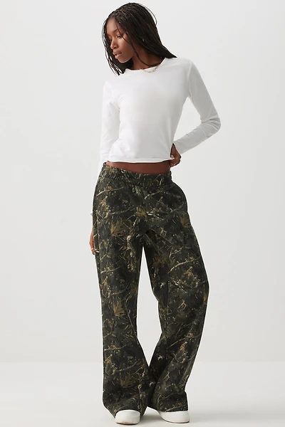 Ardene Camouflage Wide Leg Sweatpants in Dark Green | Size | Polyester/Cotton | Fleece-Lined