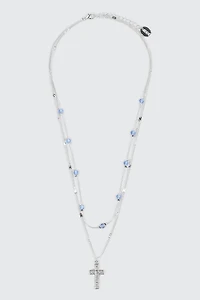 Ardene Two-Row Necklace with Cross & Beads in Silver