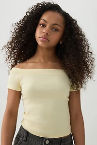 Ardene Kids Rib Off Shoulder T-Shirt in Light Yellow | Size | Cotton/Elastane
