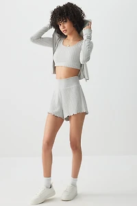 Ardene Smocked Waist Soft Rib Short in Grey | Size XS | Polyester/Spandex