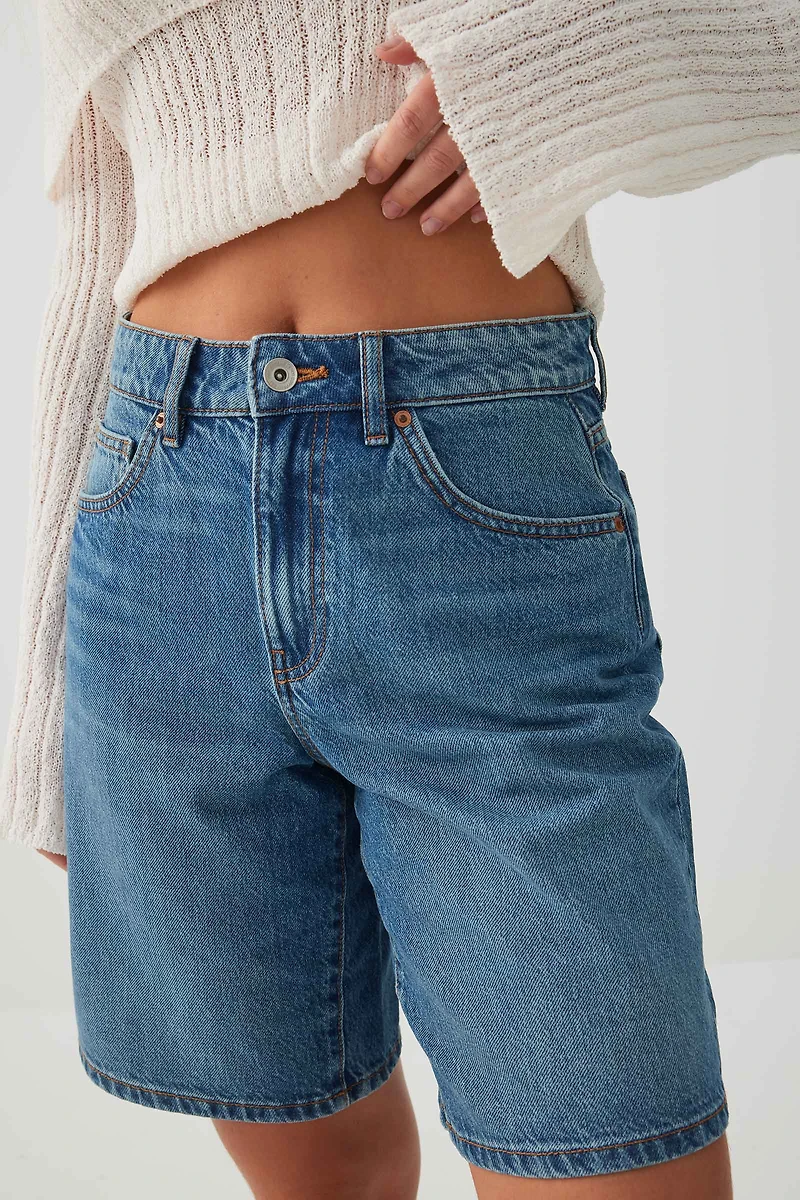 Ardene High Rise Denim Bermuda Shorts in Medium Blue | Size | 100% Cotton