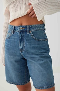 Ardene High Rise Denim Bermuda Shorts in Medium Blue | Size | 100% Cotton